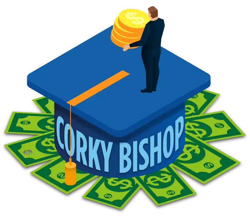 man on a large graduation cap with coins over a bed of money